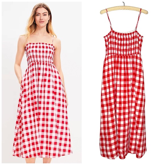 LOFT Dresses & Skirts - LOFT Red Gingham Smocked Maxi Dress Cottagecore Picnic Sundress Size 16 XL
